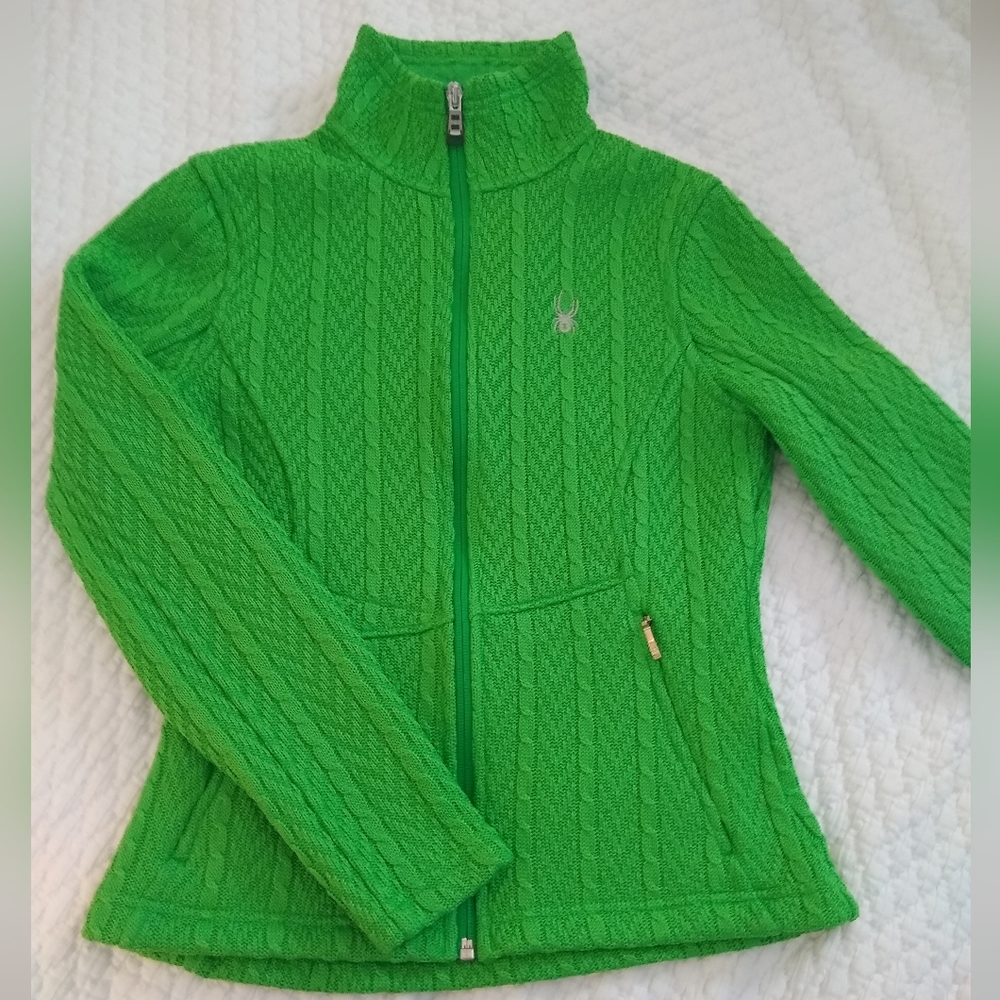 Spyder women's small kelly green cable knit jacket.